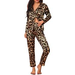 Zukmuk Damen-Schlafanzug-Set, aus Satin, mit langen Ärmeln und Pyjamahose, 2 Stück, Leopard, L von Zukmuk