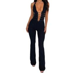 Zukmuk Damen Spitze Bodysuit Ärmellos Neckholder Rücken Crossover Jumpsuit Party Club Rompers Sommer Schlank Playsuits Clubwear, Schwarz lang, M von Zukmuk