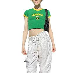Zukmuk Frauen Kurzarm Crop Tops Jamaica Brief Drucken Kontrast Farbe Rundhalsausschnitt T-Shirts Sommer Slim Fit Shirts Streetwear (Green, M) von Zukmuk