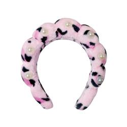 Zukmuk Frauen Wolken Schwamm Stirnband Künstliche Perle verziert Haarbänder Haarschmuck für Make-up Dusche (Rosa Leopardenmuster, 17 cm*18 cm*4 cm) von Zukmuk