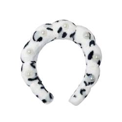 Zukmuk Frauen Wolken Schwamm Stirnband Künstliche Perle verziert Haarbänder Haarschmuck für Make-up Dusche (Schwarz Weiß Leopardendruck, 17 cm*18 cm*4 cm) von Zukmuk