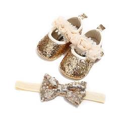 Zukmuk Kleinkind Baby Mädchen Flat Solid 2 Stück Neugeborene Prinzessin Teppich Pailletten Schuhe + Blume Anti Rutsch Stirnband Taufe Hochzeit Party Outfit (Gelb, 6-12 Monate) von Zukmuk