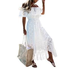 Zukmuk Langes Spitzenkleid Damen Kleid Schulter Offene Kurzarm Sommerkleider Casual Elegante Strandkleider, Weiß, S von Zukmuk