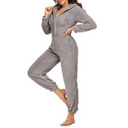 Zukmuk Onepiece Jumpsuit Damen Kuschelig Onesie Damen Fasching Onesie Tier Damen Overall Frauen Pyjama Damen Langarm Onesie Damen Flauschig (M, Grau A) von Zukmuk