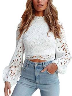 Zukmuk Tops Damen Elegant Langarm Crop Top Spitze Spitzentop Spitzen Long Sleeve Bluse Blusenshirt Party Lace Trachtenbluse Für Frauen (Weiß, XL) von Zukmuk