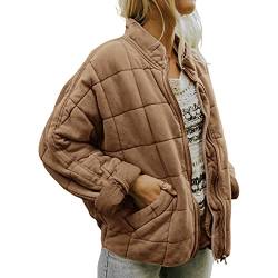 Zukmuk Winterjacke für Damen, gesteppt, langärmlig, mit Reißverschluss, einfarbig, gefüttert, lässig, für Herbst, Winter, hellbraun, S von Zukmuk