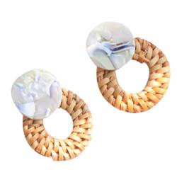 Zunedhys Handgestrickte Rattan-Harz-Ohrringe für Frauen, geometrisch, einzigartig, handgefertigt, Statement-Ohrringe, Schmuck, gepunktete blaue Scheibe, Bambusrebe von Zunedhys