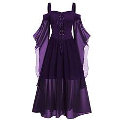 Gothic Halloween Kleid Kostüm Damen A-Linie Maxi Kleider mit Schmetterlingsärmeln Karneval Kostüm Festliches Vintage Hexenkleid Cosplay Club Party Kostüme Mittelalter Kleid Cosplay (3C-Dark Purple, L) von Zuoyue