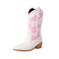 ZureoZaore Cow Print Cowboy Stiefel for Damen Cow Print Cowgirl Stiefel Wadenhoch Western Pointed Toe Chunky Blocked Heel Stiefel Pink Große 39 von ZureoZaore