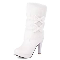 ZureoZaore Damen Bogen Knot Faux Fell Stiefelettens Wadenhoch Höhe Ferseed Stiefel with Side Reißverschlussper Runde Zehen Winter Snow Warm Stiefel White Große 38 von ZureoZaore