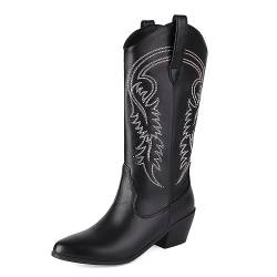ZureoZaore Damen Embroidered Cowboy Stiefel Pull-On Chunky Heel Cowgirl Wadenhoch Western Stiefel Black Große 40 von ZureoZaore