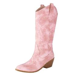 ZureoZaore Damen Embroidered Cowboy Stiefel Pull-On Chunky Heel Cowgirl Wadenhoch Western Stiefel Pink Große 39 von ZureoZaore