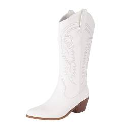 ZureoZaore Damen Embroidered Cowboy Stiefel Pull-On Chunky Heel Cowgirl Wadenhoch Western Stiefel White Große 46 von ZureoZaore