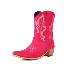 ZureoZaore Damen Embroidered Cowboy Western Stiefelettens Pointed Toe Cowgirl Knöchel Stiefel Wide Calf Stiefel Rosered Große 34 von ZureoZaore