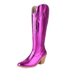 ZureoZaore Damen Metallic Cowboy Stiefel Embroidered Wide Calf Kniehoch Stiefel Pointed Toe Western Cowgirl Stiefel Purple Große 40 von ZureoZaore