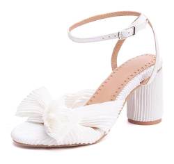 ZureoZaore Damen Pleated Bogen Braut Sandalen Mitte Blockabsatz Hochzeit Schuhe Knöchelriemchen Kleid Schuhe White Große 5 von ZureoZaore