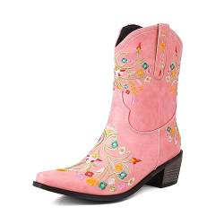 ZureoZaore Damen Retro Blume EmbroidePink Cowboy Stiefel Vintage Kurzschaft Western Knöchel Stiefel Pink Große 37 von ZureoZaore