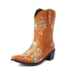 ZureoZaore Damen Retro Blume EmbroideYellow Cowboy Stiefel Vintage Kurzschaft Western Knöchel Stiefel Yellow Große 39 von ZureoZaore