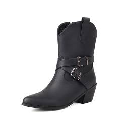 ZureoZaore Damen Schnalle Cowboy Knöchel Stiefel Blockabsatz Western Cowgirl Stiefel Kurzschaft Stiefeletten with Side Reißverschlussper Black Große 38 von ZureoZaore