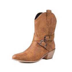 ZureoZaore Damen Schnalle Cowboy Knöchel Stiefel Blockabsatz Western Cowgirl Stiefel Kurzschaft Stiefeletten with Side Reißverschlussper Brown Große 38 von ZureoZaore