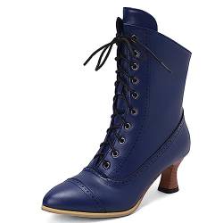 ZureoZaore Damen Schnüren Stiefel Louis Heel Viktorianische Stiefel Wadenhoch Vintage Stiefel Steampunk Gothic Blue Große 39 von ZureoZaore