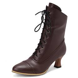 ZureoZaore Damen Schnüren Stiefel Louis Heel Viktorianische Stiefel Wadenhoch Vintage Stiefel Steampunk Gothic Brown Große 39 von ZureoZaore