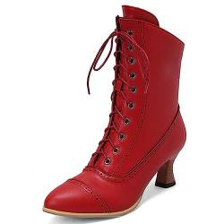 ZureoZaore Damen Schnüren Stiefel Louis Heel Viktorianische Stiefel Wadenhoch Vintage Stiefel Steampunk Gothic Red Große 37 von ZureoZaore