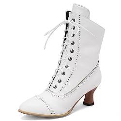 ZureoZaore Damen Schnüren Stiefel Louis Heel Viktorianische Stiefel Wadenhoch Vintage Stiefel Steampunk Gothic White 37 von ZureoZaore