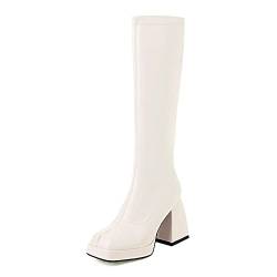 ZureoZaore Damen Skinny Calf Kniehoch Boot Plateau Gogo Boots Chunky Heel Pull On Party Boots Slim Fit Winter Boot White Size 38 Asiatisch von ZureoZaore