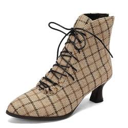 ZureoZaore Damen Vintage Viktorianische Stiefel 70s Schnüren Kitten Heel Kurzschaft Knöchel Stiefel Beige Große 43 von ZureoZaore