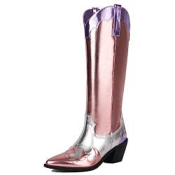 ZureoZaore Stage Metallic Cowboy Stiefel Mode Western Cowgirl Stiefel With Chunky Heel Pink Große 44 von ZureoZaore