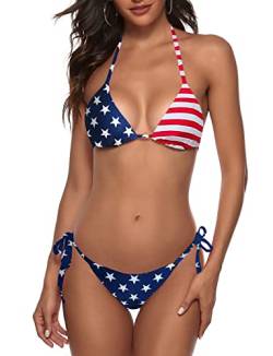 Frauen Zweiteiliger Bikini Badeanzug Sexy Badeanzüge Halfter Dreieck Tops String Bikini Sets, Navy Amerikanische Flagge, Medium von Zuvebamyo