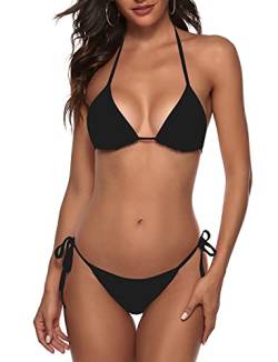 Frauen Zweiteiliger Bikini Badeanzug Sexy Badeanzüge Halfter Dreieck Tops String Bikini Sets, Schwarz, S von Zuvebamyo