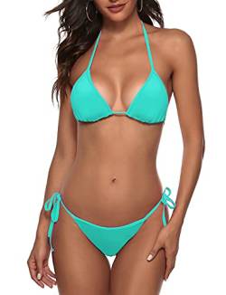 Frauen Zweiteiliger Bikini Badeanzug Sexy Badeanzüge Halfter Dreieck Tops String Bikini Sets, Seeblau, S von Zuvebamyo