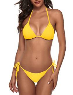 Frauen Zweiteiliger Bikini Badeanzug Sexy Badeanzüge Halfter Dreieck Tops String Bikini Sets, gelb, Large von Zuvebamyo