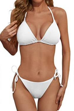 Zuvebamyo Damen Gerippter Zweiteiler Bikini Badeanzug Sexy Triangel Top Badeanzüge String Cheeky Bikini Sets, Weiß, Small von Zuvebamyo