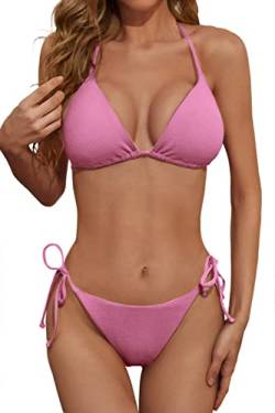 Zuvebamyo Damen Gerippter Zweiteiler Bikini Badeanzug Sexy Triangel Top Badeanzüge String Cheeky Bikini Sets, rose, Medium von Zuvebamyo