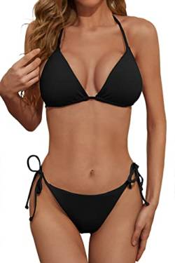 Zuvebamyo Damen Gerippter Zweiteiler Bikini Badeanzug Sexy Triangel Top Badeanzüge String Cheeky Bikini Sets, schwarz, Small von Zuvebamyo