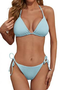 Zuvebamyo Damen Zweiteiliger Bikini Badeanzug Sexy Gerippt Triangel Top Badeanzüge String Cheeky Bikini Sets, Babyblau, Large von Zuvebamyo