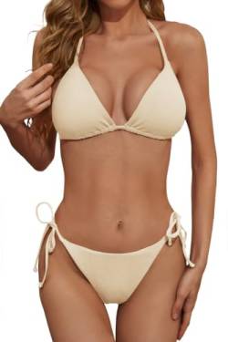 Zuvebamyo Damen Zweiteiliger Bikini Badeanzug Sexy Gerippt Triangel Top Badeanzüge String Cheeky Bikini Sets, aprikose, S von Zuvebamyo