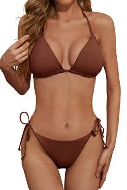 Zuvebamyo Damen Zweiteiliger Bikini Badeanzug Sexy Geripptes Dreieck Top Badeanzüge String Freche Bikini Sets, coffee, Large von Zuvebamyo