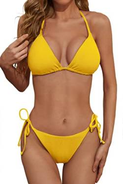 Zuvebamyo Damen Zweiteiliger Bikini Badeanzug Sexy Geripptes Dreieck Top Badeanzüge String Freche Bikini Sets, gelb, Large von Zuvebamyo