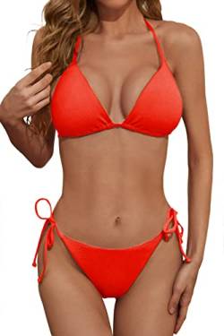 Zuvebamyo Damen Zweiteiliger Bikini Badeanzug Sexy Geripptes Dreieck Top Badeanzüge String Freche Bikini Sets, neon-orange, S von Zuvebamyo