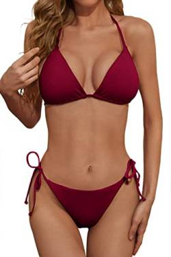 Zuvebamyo Damen Zweiteiliger Bikini Badeanzug Sexy Geripptes Dreieck Top Badeanzüge String Freche Bikini Sets, wein, Medium von Zuvebamyo