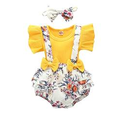 Zylione Baby Mädchen Bekleidungsset Sommer Outfit Rüschen Kurzarm Tops + Blumen Shorts + Bowknot Stirnband 3 Stück Neugeborene Kleinkind Kleidung Sets Für 0-12 Monate (Yellow, 0-3 Months) von Zylione
