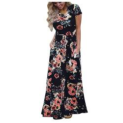 Zylione Lässiges Kleid mit Blumendruck für Damen, Kurzarm-Maxikleid mit Taschen Kleid Eng Damen Sommer (Black, XXL) von Zylione