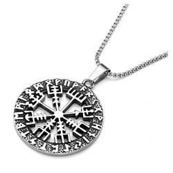 Zysta Herren Damen Edelstahl Wikinger Schmuck- Hohl Kompass Anhänger Halskette Vegvisir Runenkompass Kette Amulett MIT 24" Kette Punk Biker, Silber Schwarz von Zysta