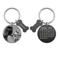 Zysta Personalized Text & Fotogravur - Edelstahl Rund Dog Tag Schlüsselanhänger Hund Tier Knochen keychain Schlüsselbund (Mit Foto & Kalender & Text gravur) von Zysta