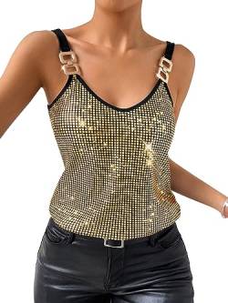 Damen Metallic Top Sparkle Cami Party Club Glitzer Tanks Tops, Gold, Mittel von Zyyfly