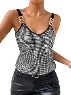 Damen Metallic Top Sparkle Cami Party Club Glitzer Tanks Tops, silber, Groß von Zyyfly